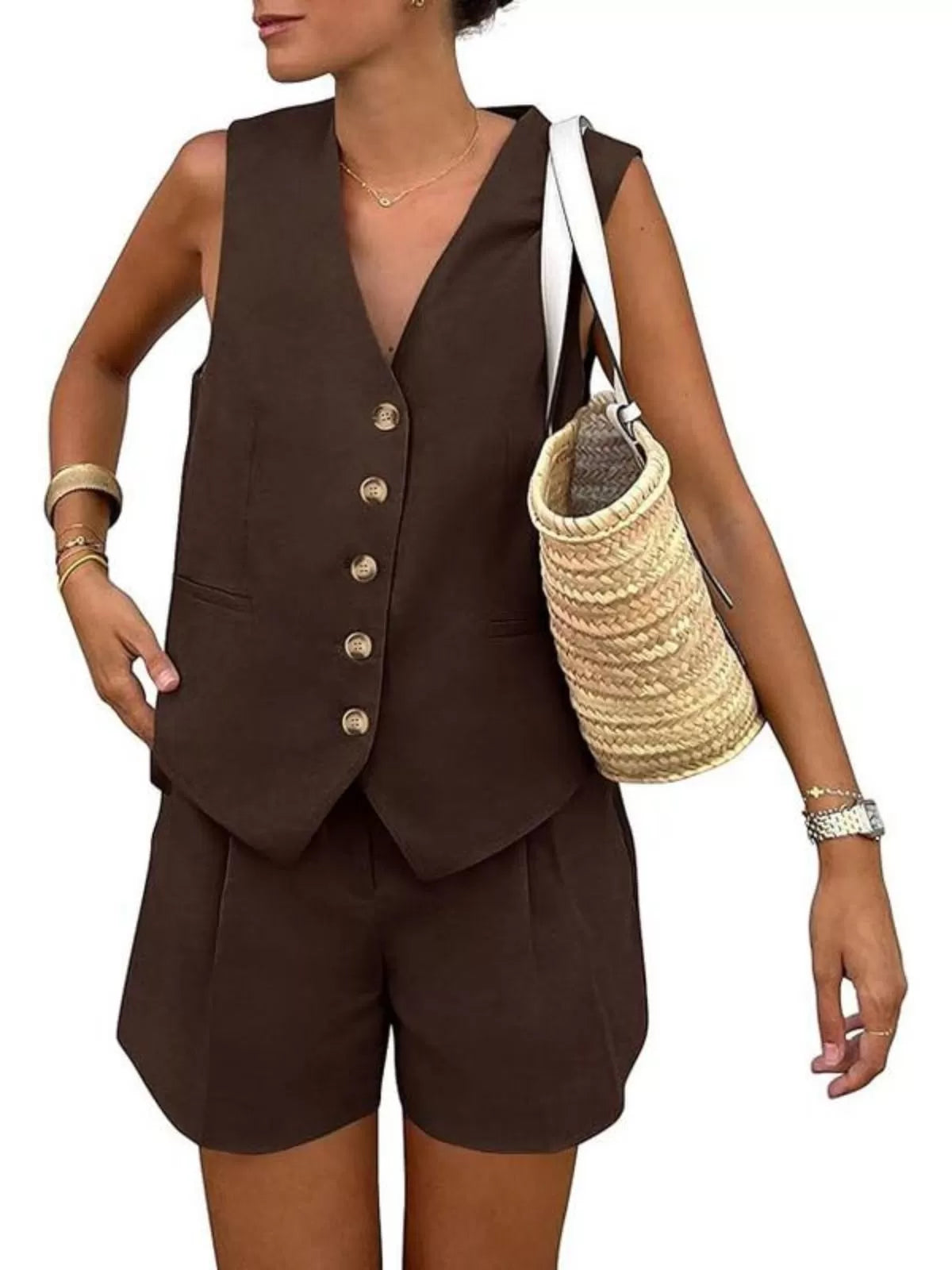 Solid V-neck Button Vest & Solid Shorts
