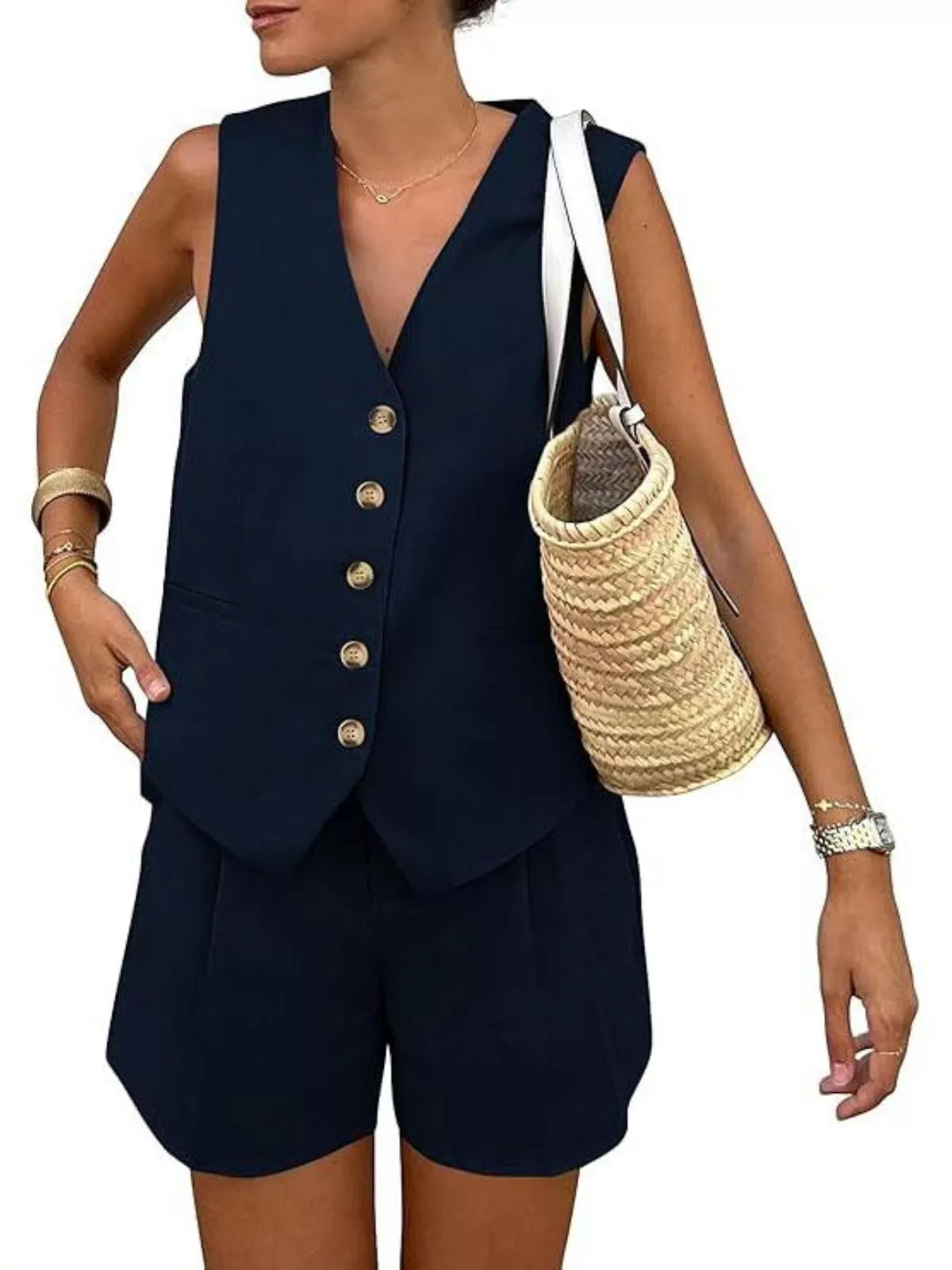Solid V-neck Button Vest & Solid Shorts