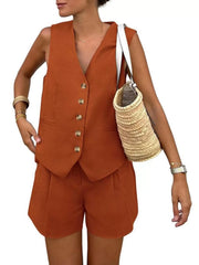 Solid V-neck Button Vest & Solid Shorts