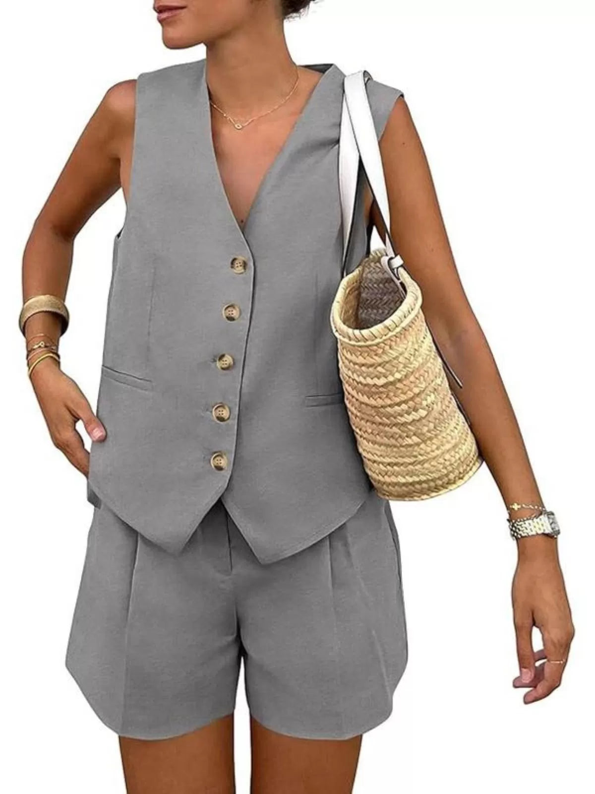 Solid V-neck Button Vest & Solid Shorts