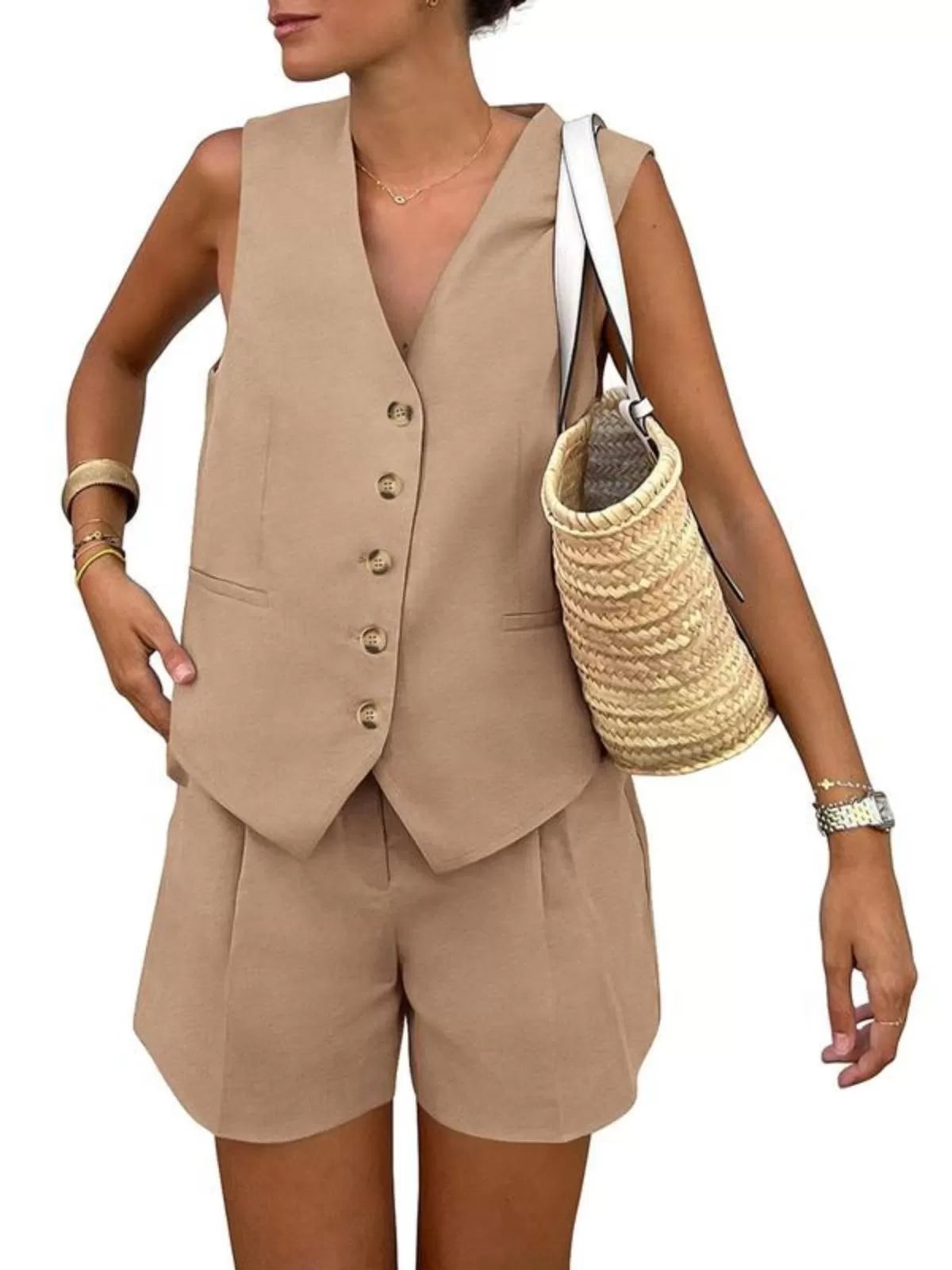 Solid V-neck Button Vest & Solid Shorts