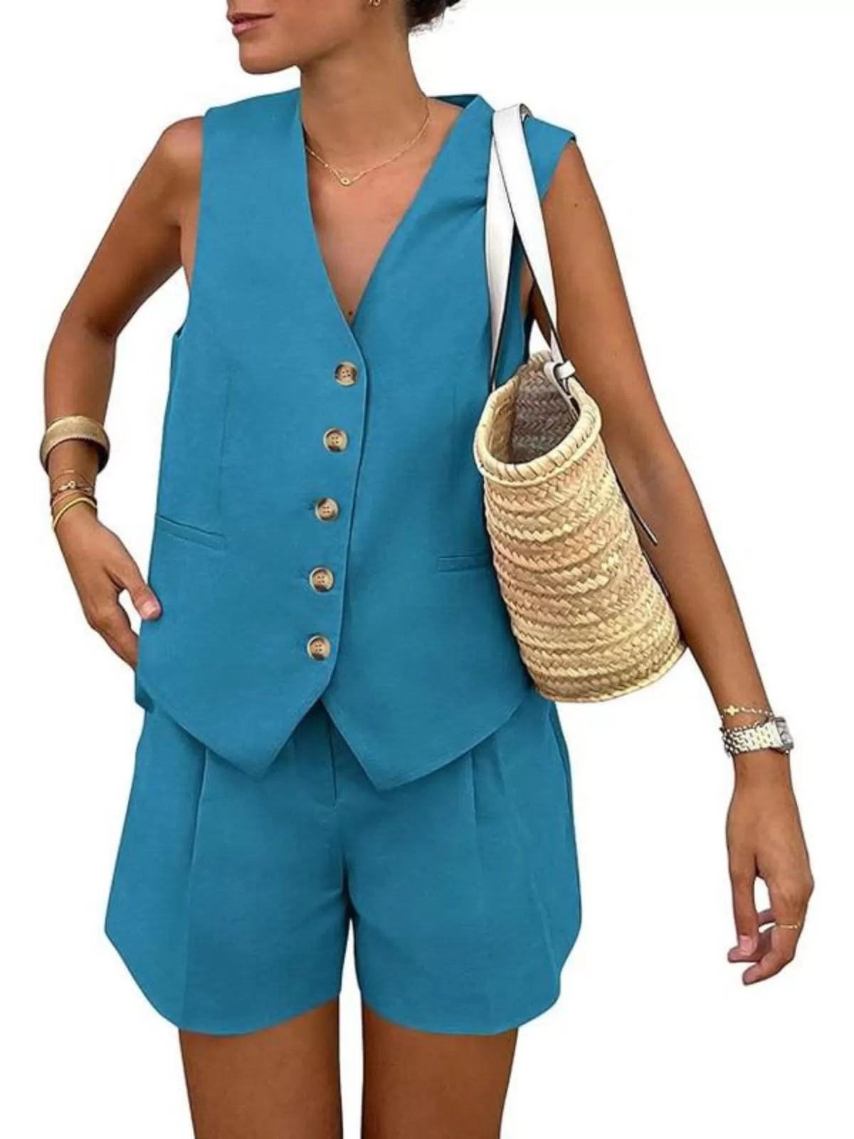 Solid V-neck Button Vest & Solid Shorts