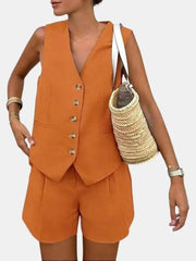 Solid V-neck Button Vest & Solid Shorts