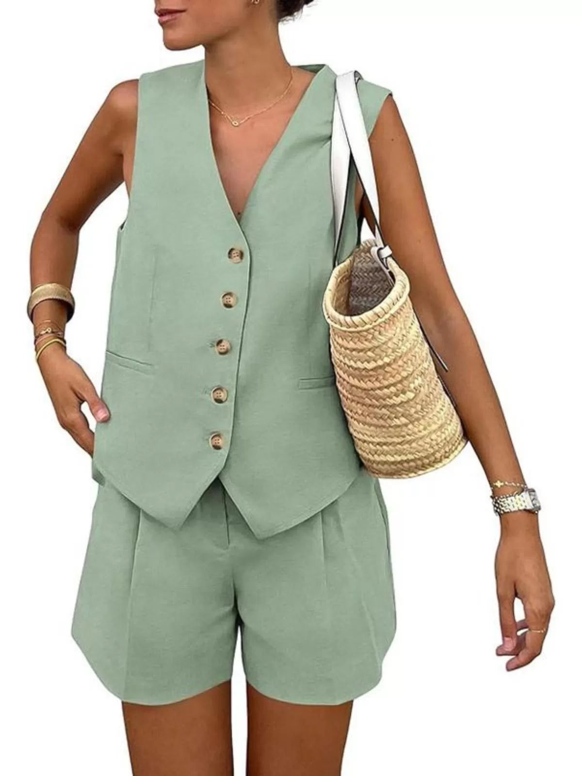 Solid V-neck Button Vest & Solid Shorts