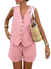 Solid V-neck Button Vest & Solid Shorts