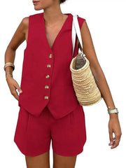 Solid V-neck Button Vest & Solid Shorts