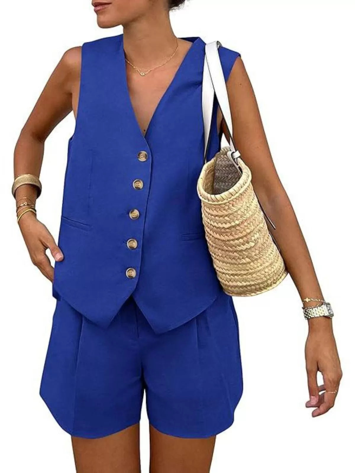 Solid V-neck Button Vest & Solid Shorts