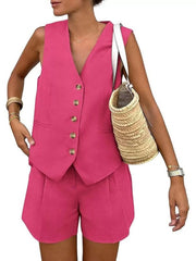 Solid V-neck Button Vest & Solid Shorts