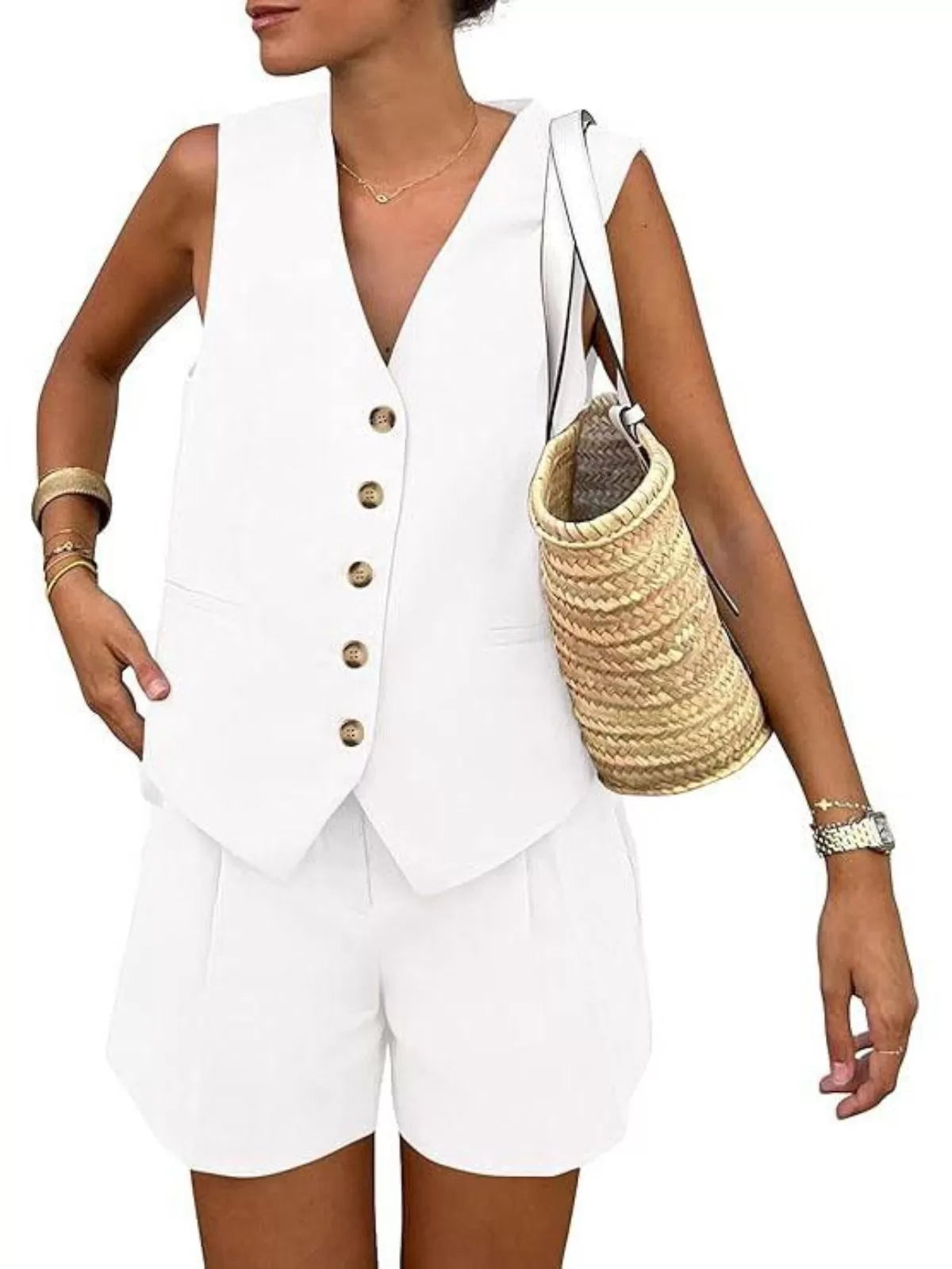 Solid V-neck Button Vest & Solid Shorts