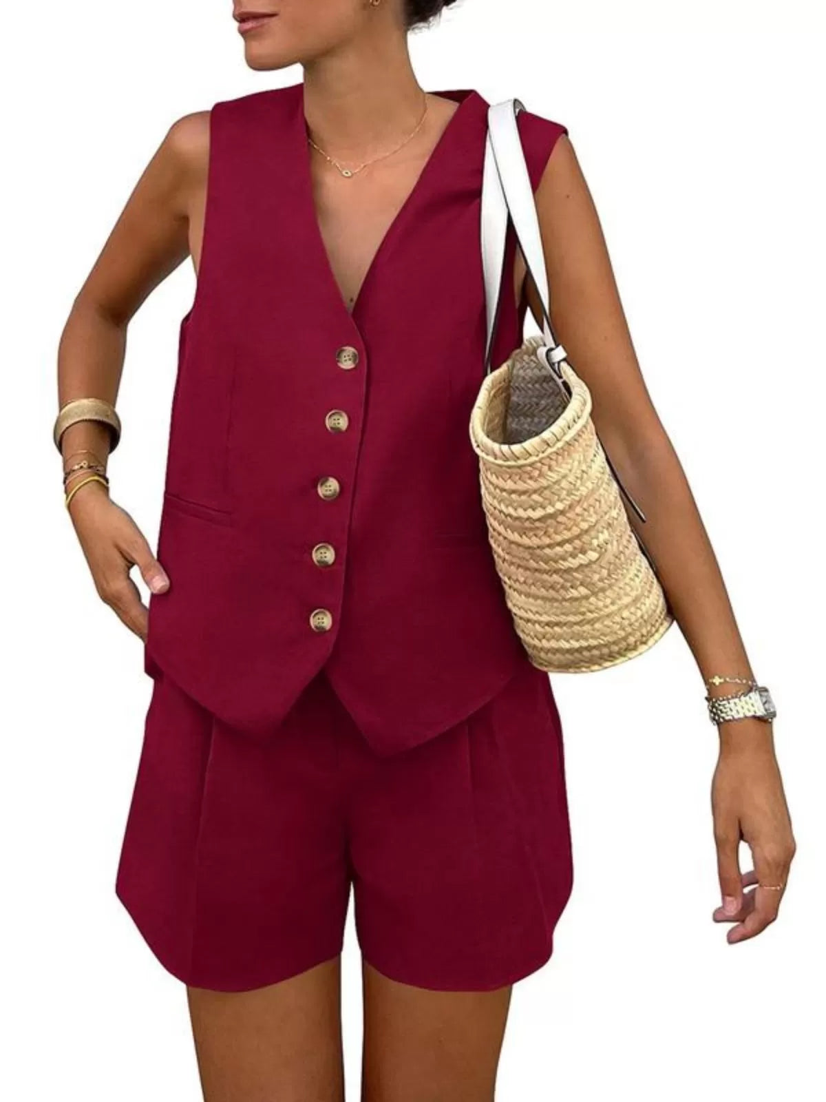 Solid V-neck Button Vest & Solid Shorts