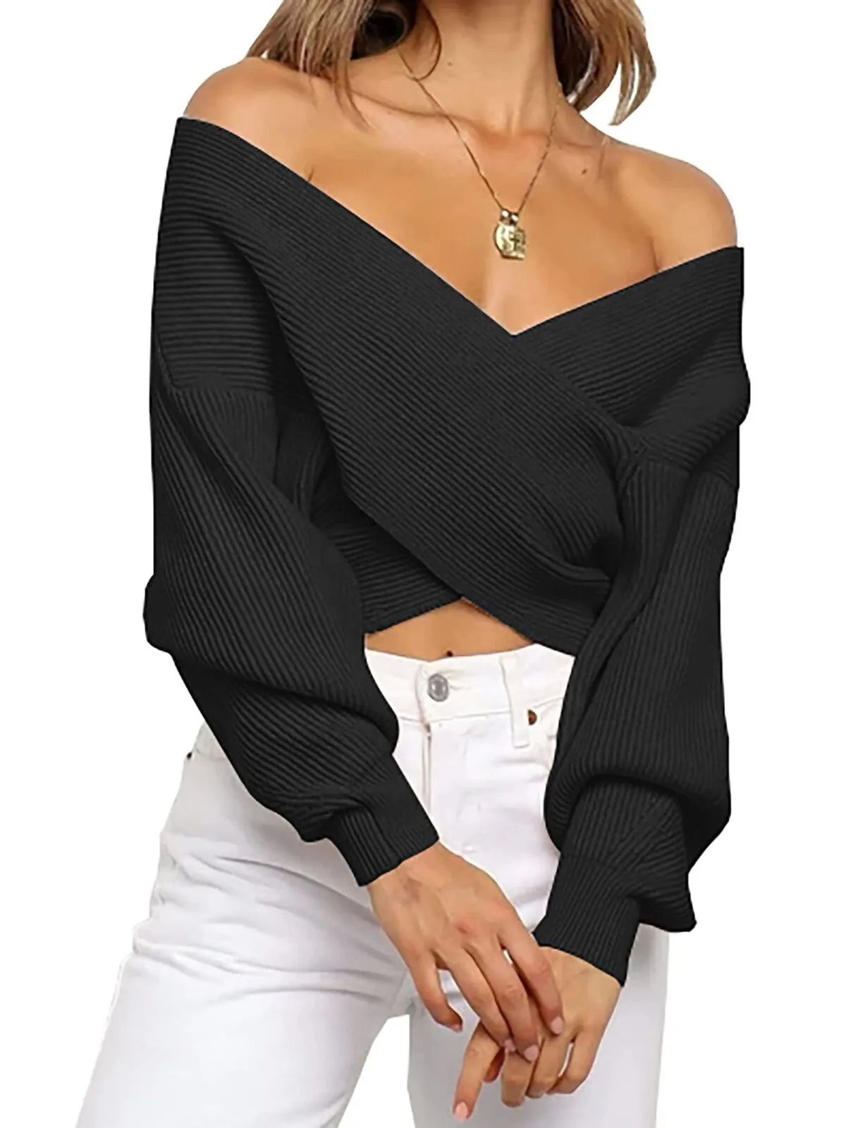 Solid V-neck Cross Wrap Front Asymmetric Hem Lantern Sleeve Sweater