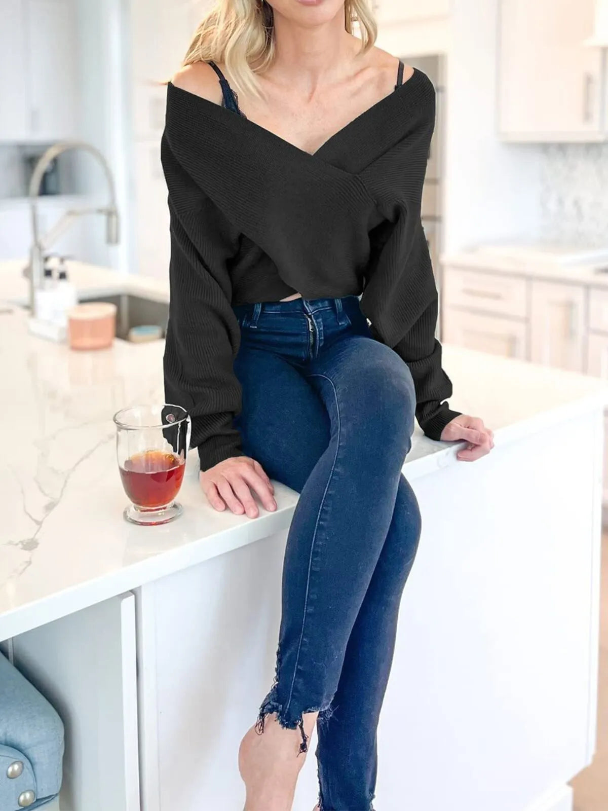 Solid V-neck Cross Wrap Front Asymmetric Hem Lantern Sleeve Sweater