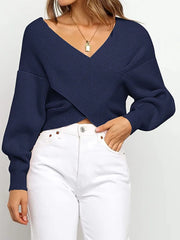 Solid V-neck Cross Wrap Front Asymmetric Hem Lantern Sleeve Sweater