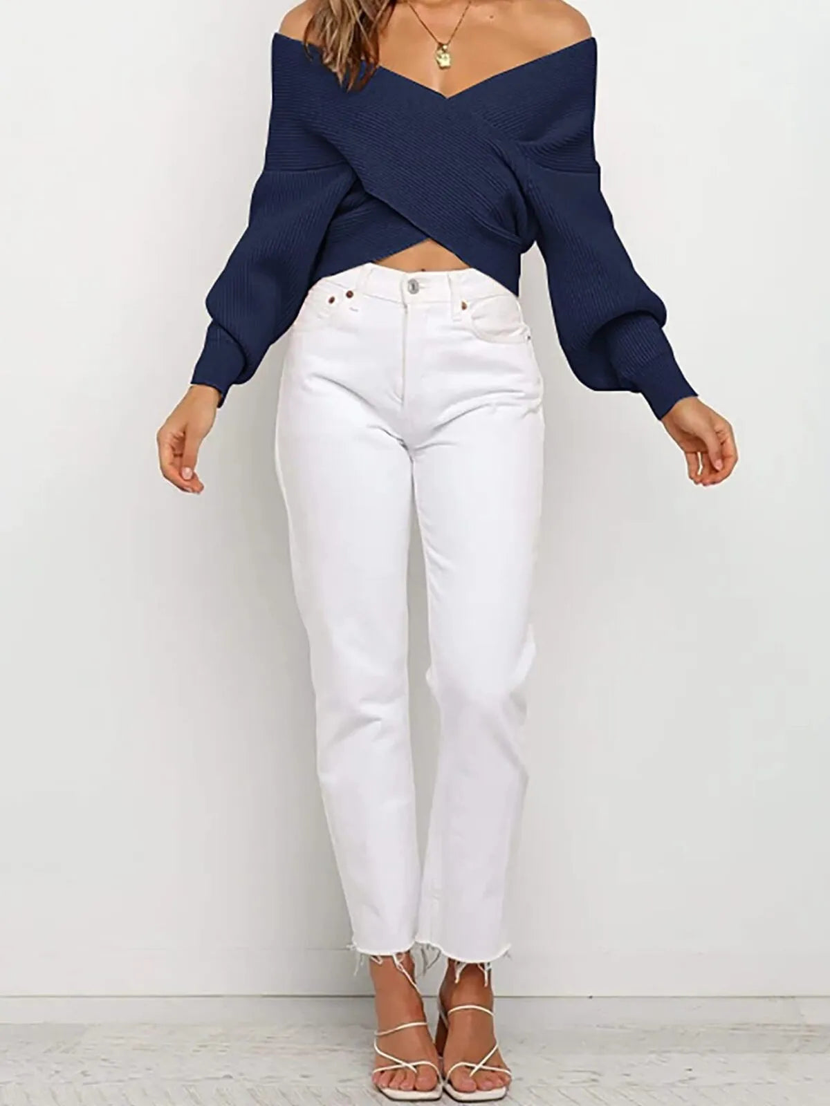 Solid V-neck Cross Wrap Front Asymmetric Hem Lantern Sleeve Sweater