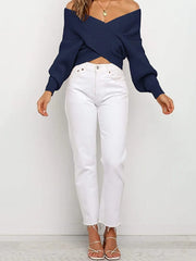 Solid V-neck Cross Wrap Front Asymmetric Hem Lantern Sleeve Sweater
