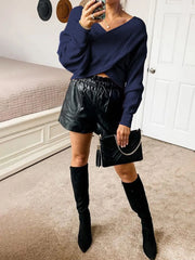 Solid V-neck Cross Wrap Front Asymmetric Hem Lantern Sleeve Sweater
