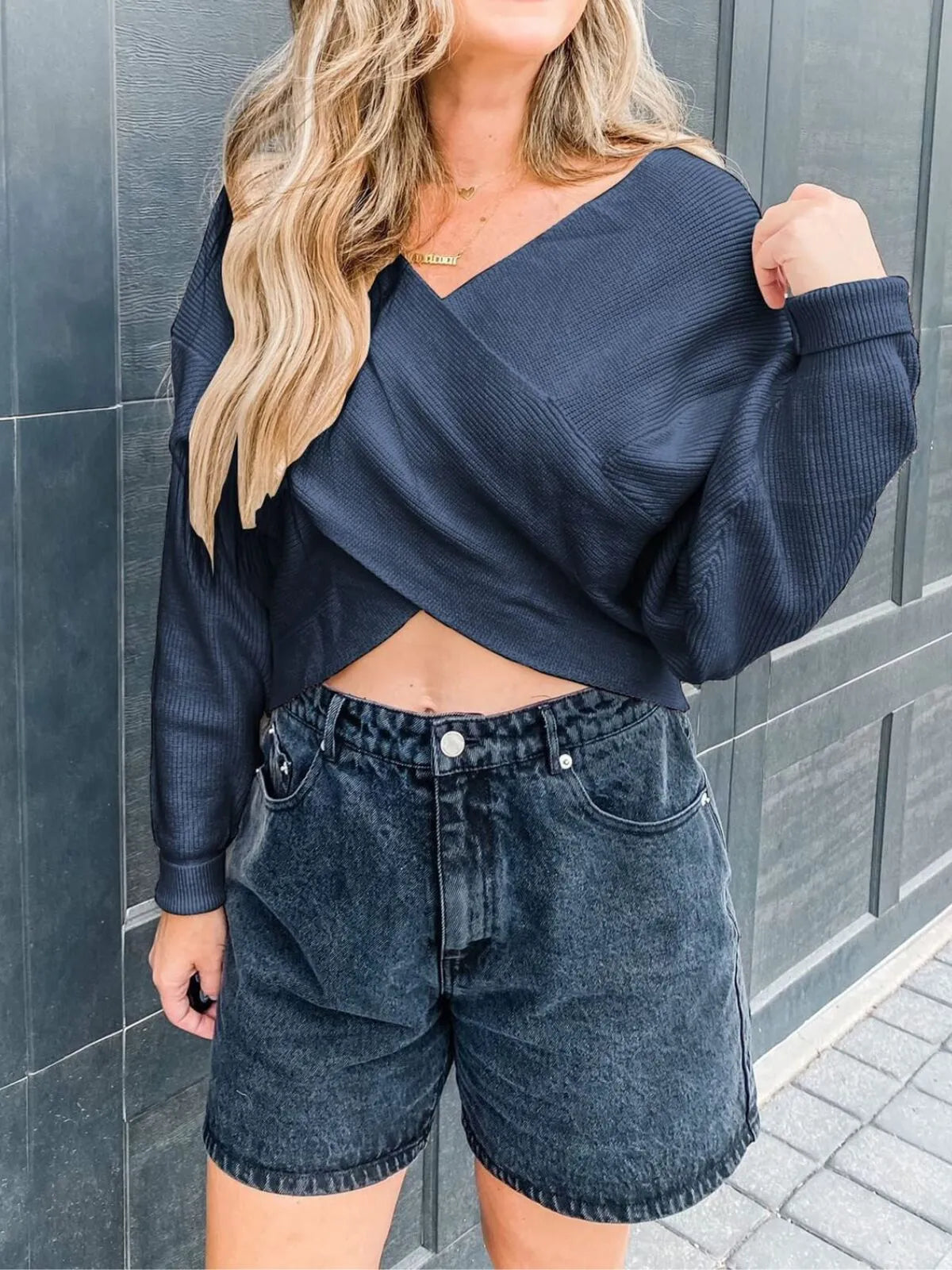 Solid V-neck Cross Wrap Front Asymmetric Hem Lantern Sleeve Sweater