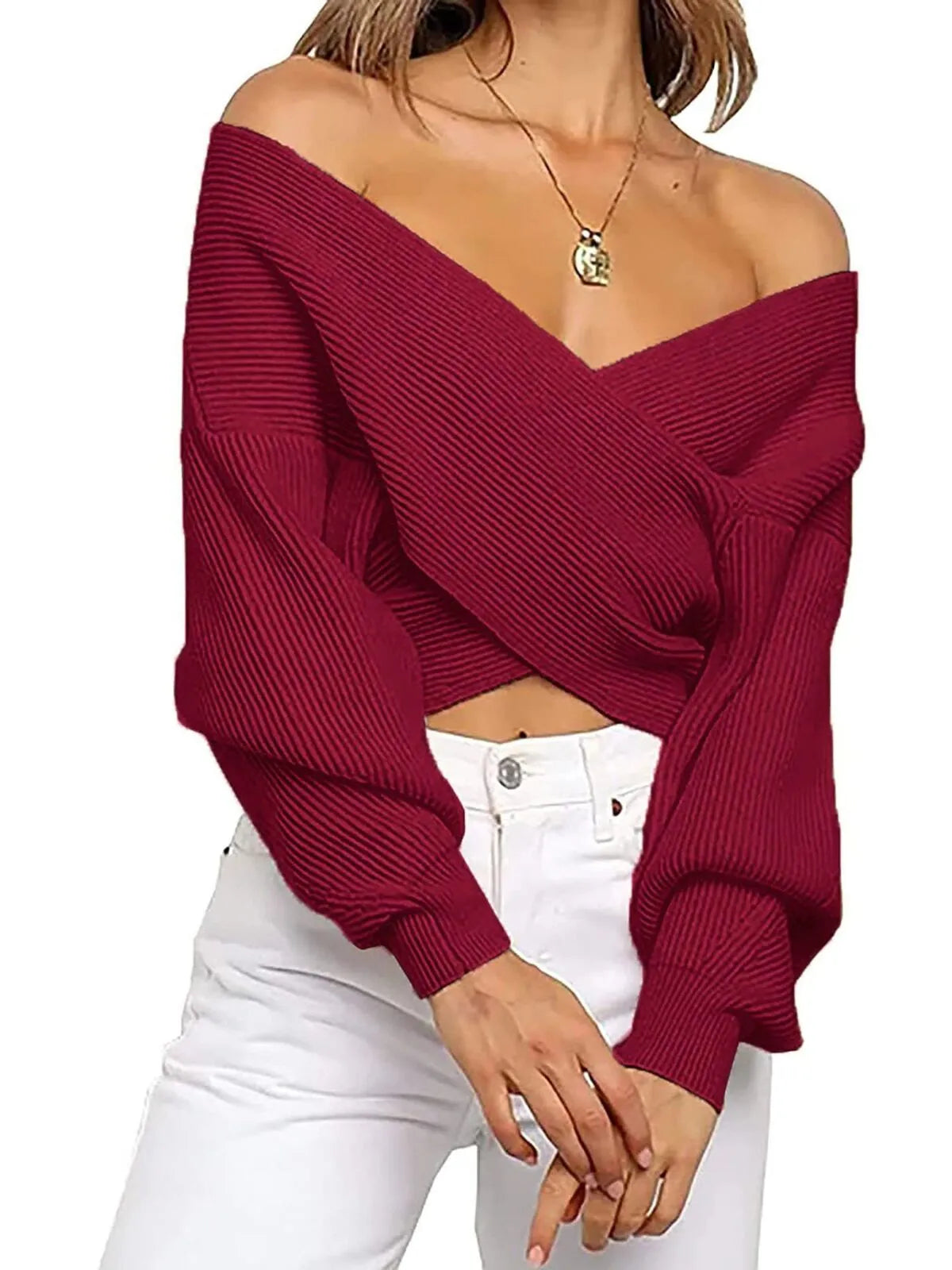 Solid V-neck Cross Wrap Front Asymmetric Hem Lantern Sleeve Sweater