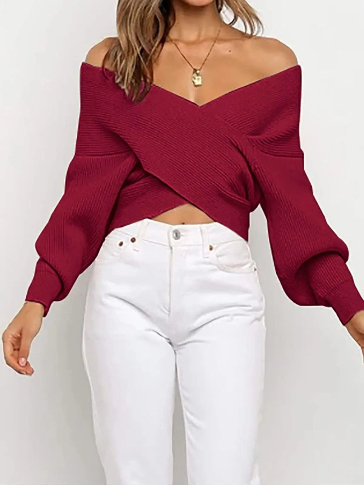 Solid V-neck Cross Wrap Front Asymmetric Hem Lantern Sleeve Sweater