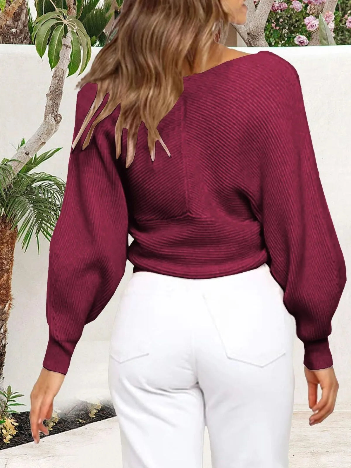 Solid V-neck Cross Wrap Front Asymmetric Hem Lantern Sleeve Sweater