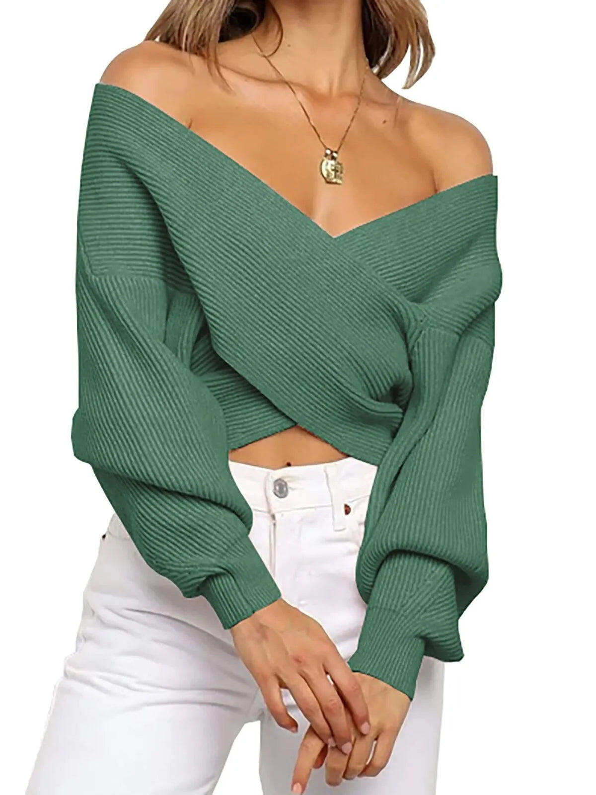Solid V-neck Cross Wrap Front Asymmetric Hem Lantern Sleeve Sweater