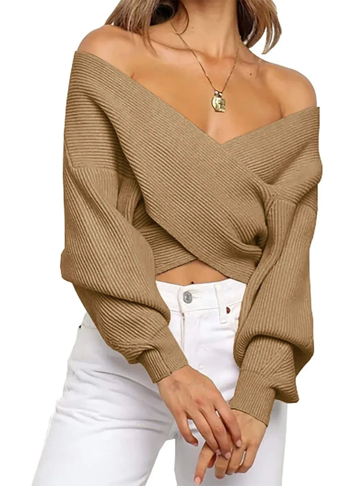 Solid V-neck Cross Wrap Front Asymmetric Hem Lantern Sleeve Sweater