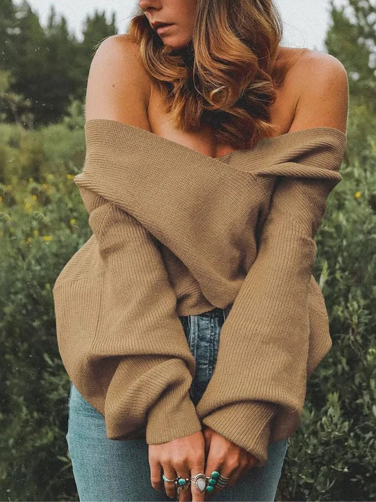 Solid V-neck Cross Wrap Front Asymmetric Hem Lantern Sleeve Sweater