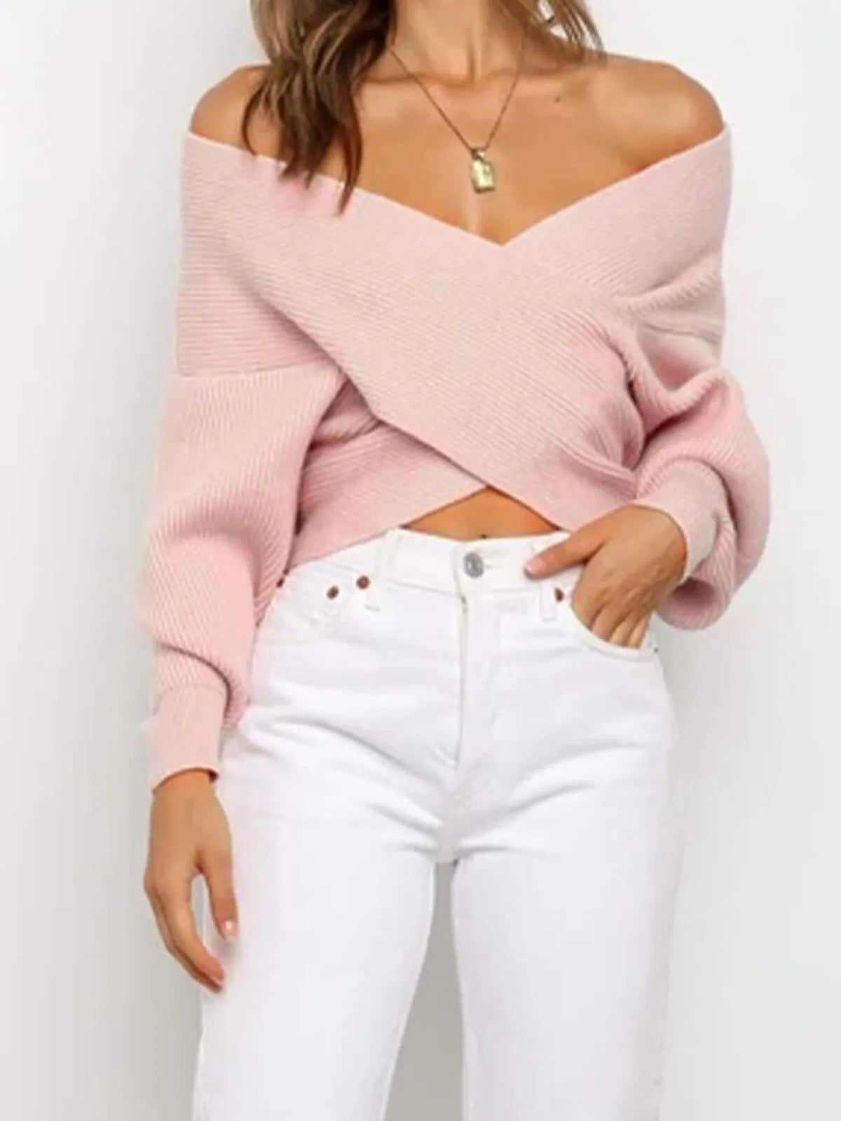 Solid V-neck Cross Wrap Front Asymmetric Hem Lantern Sleeve Sweater
