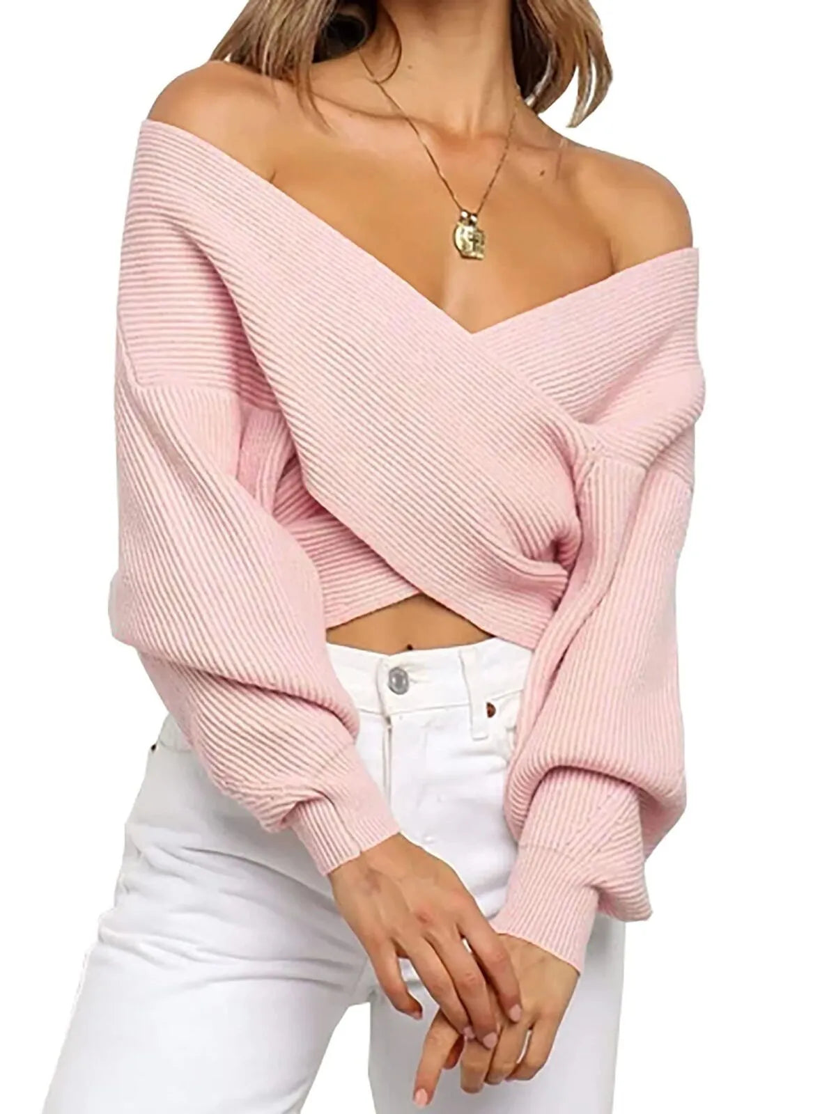 Solid V-neck Cross Wrap Front Asymmetric Hem Lantern Sleeve Sweater