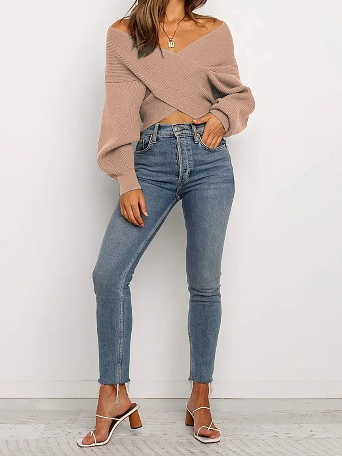 Solid V-neck Cross Wrap Front Asymmetric Hem Lantern Sleeve Sweater