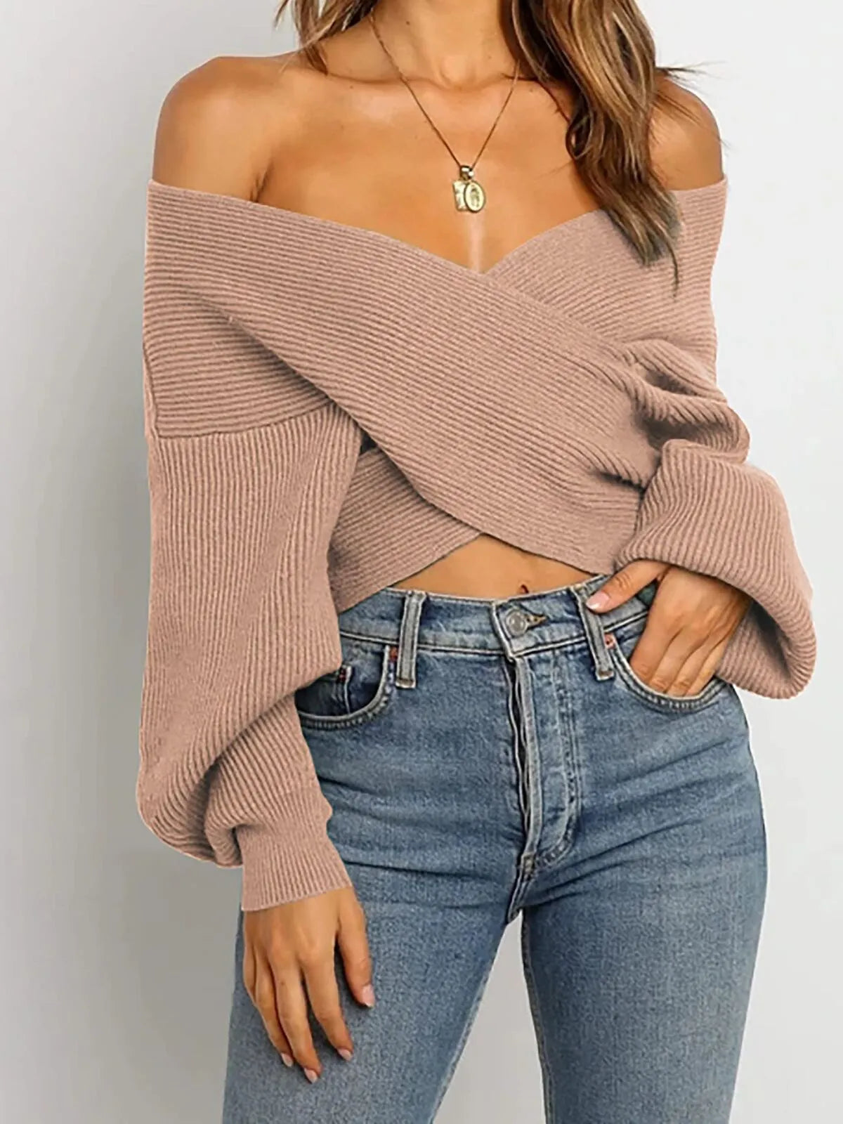 Solid V-neck Cross Wrap Front Asymmetric Hem Lantern Sleeve Sweater