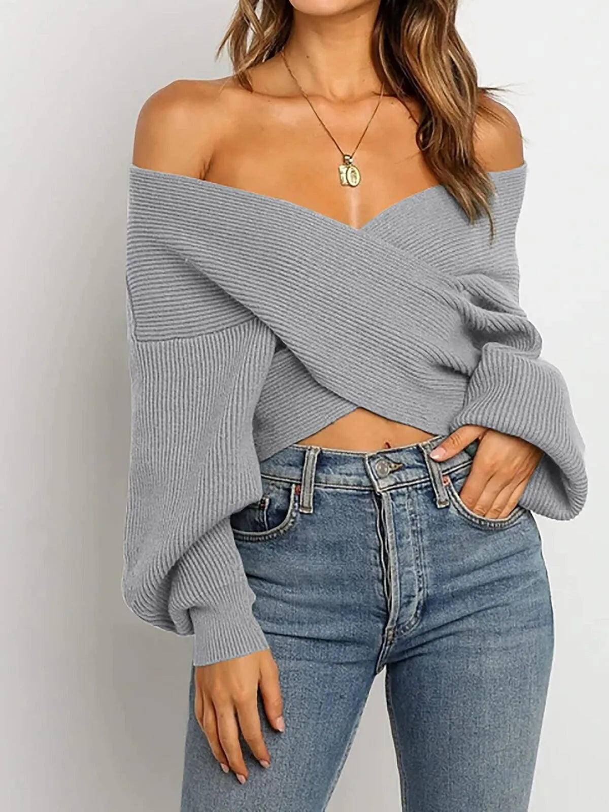 Solid V-neck Cross Wrap Front Asymmetric Hem Lantern Sleeve Sweater