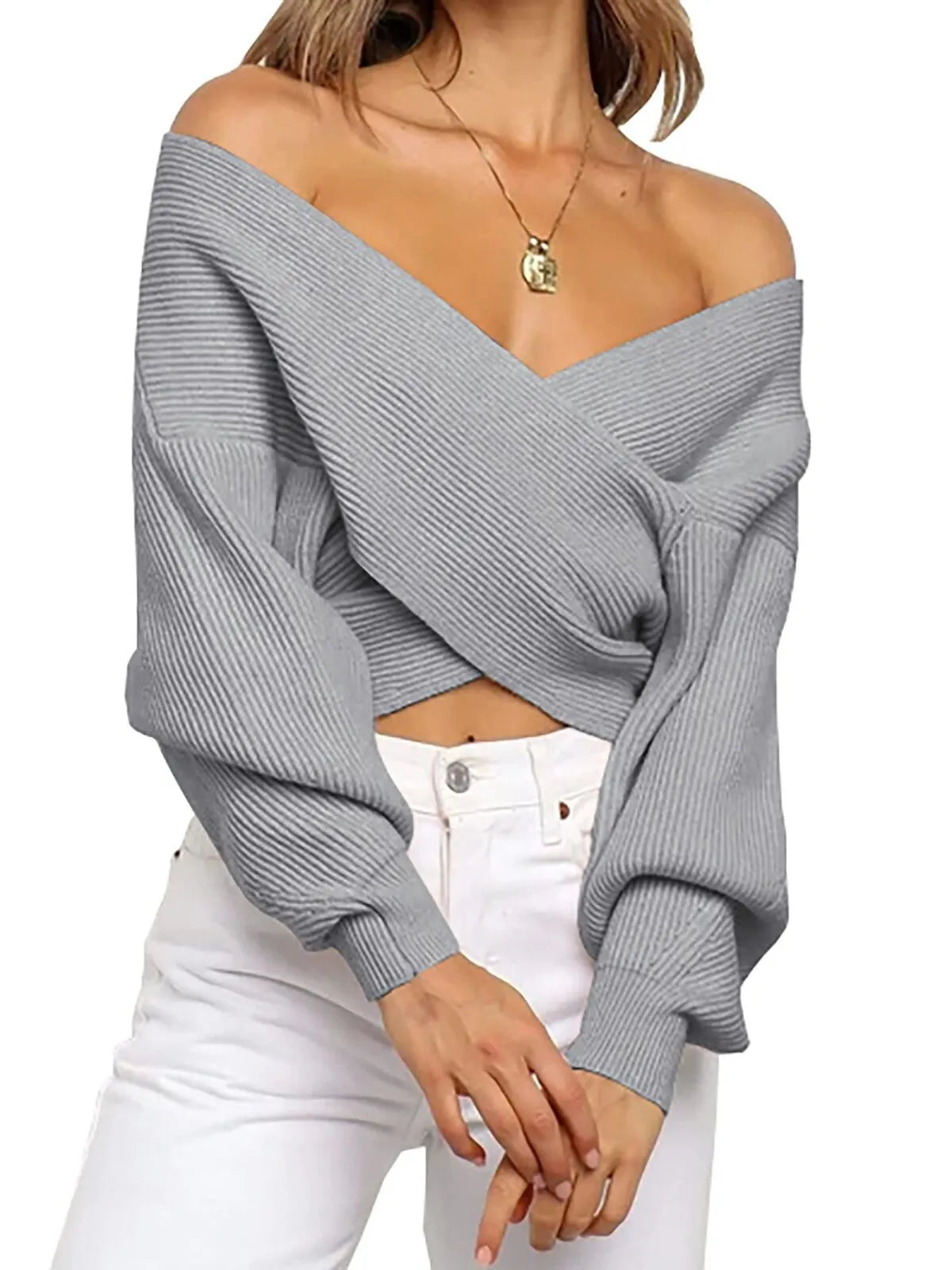 Solid V-neck Cross Wrap Front Asymmetric Hem Lantern Sleeve Sweater