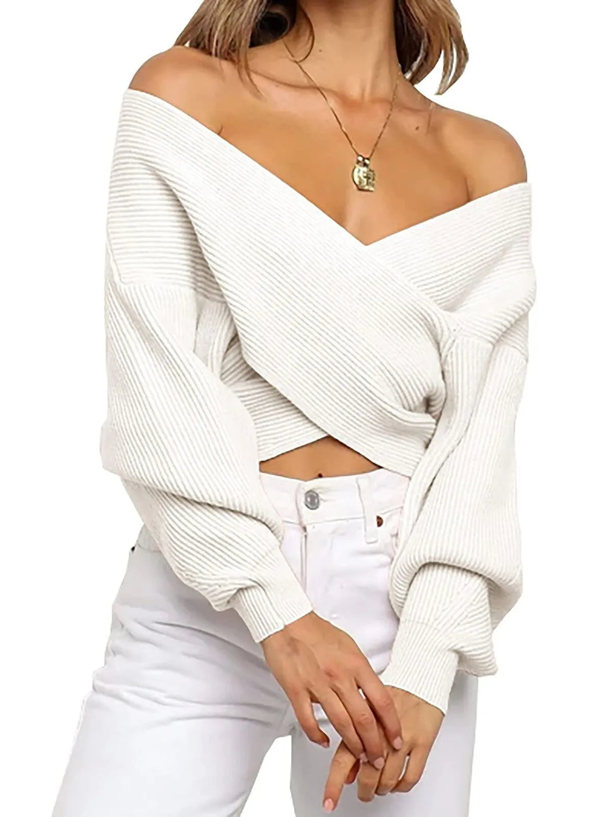 Solid V-neck Cross Wrap Front Asymmetric Hem Lantern Sleeve Sweater