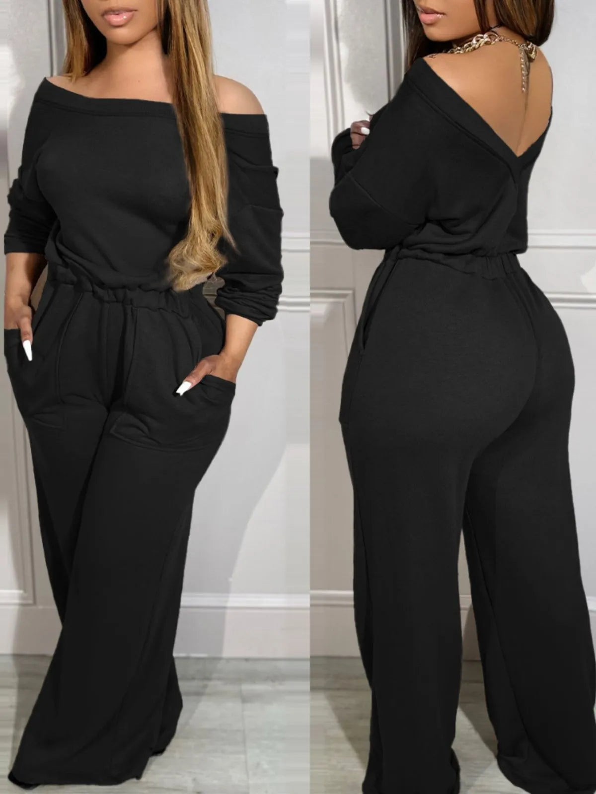 Comfortable Backless Collar Off Shoulder V-Back Stretchy Waist Pocket Design Jumpsuit
