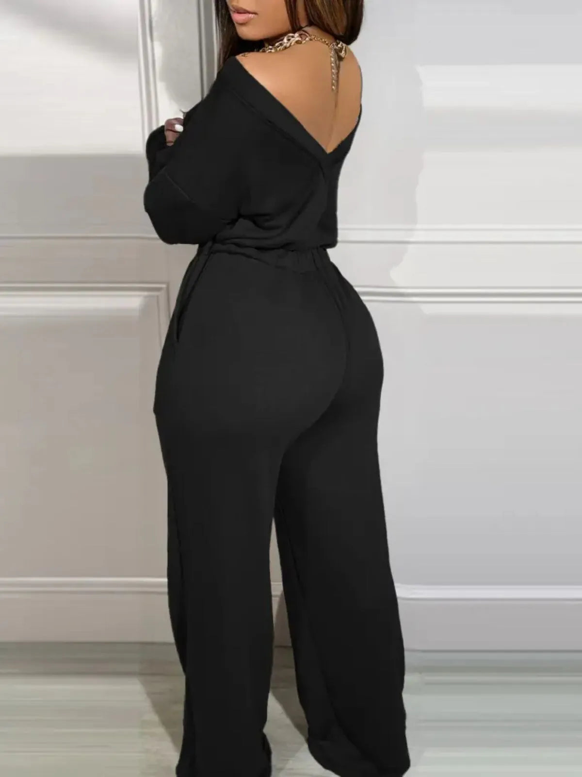 Comfortable Backless Collar Off Shoulder V-Back Stretchy Waist Pocket Design Jumpsuit