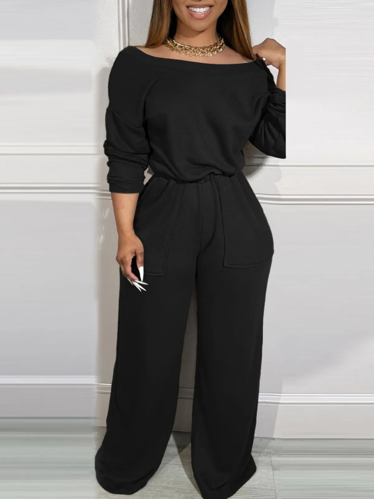 Comfortable Backless Collar Off Shoulder V-Back Stretchy Waist Pocket Design Jumpsuit