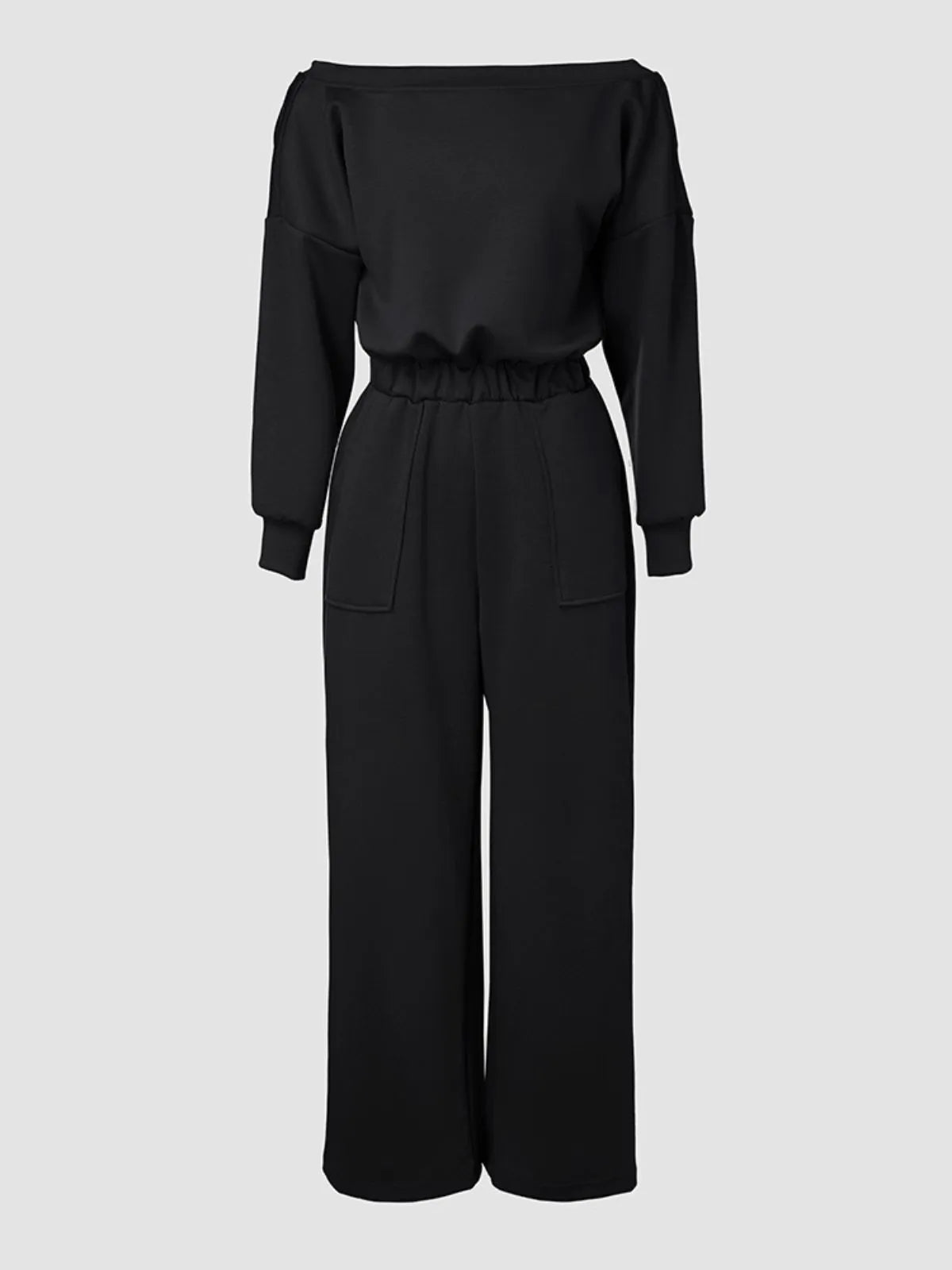 Comfortable Backless Collar Off Shoulder V-Back Stretchy Waist Pocket Design Jumpsuit
