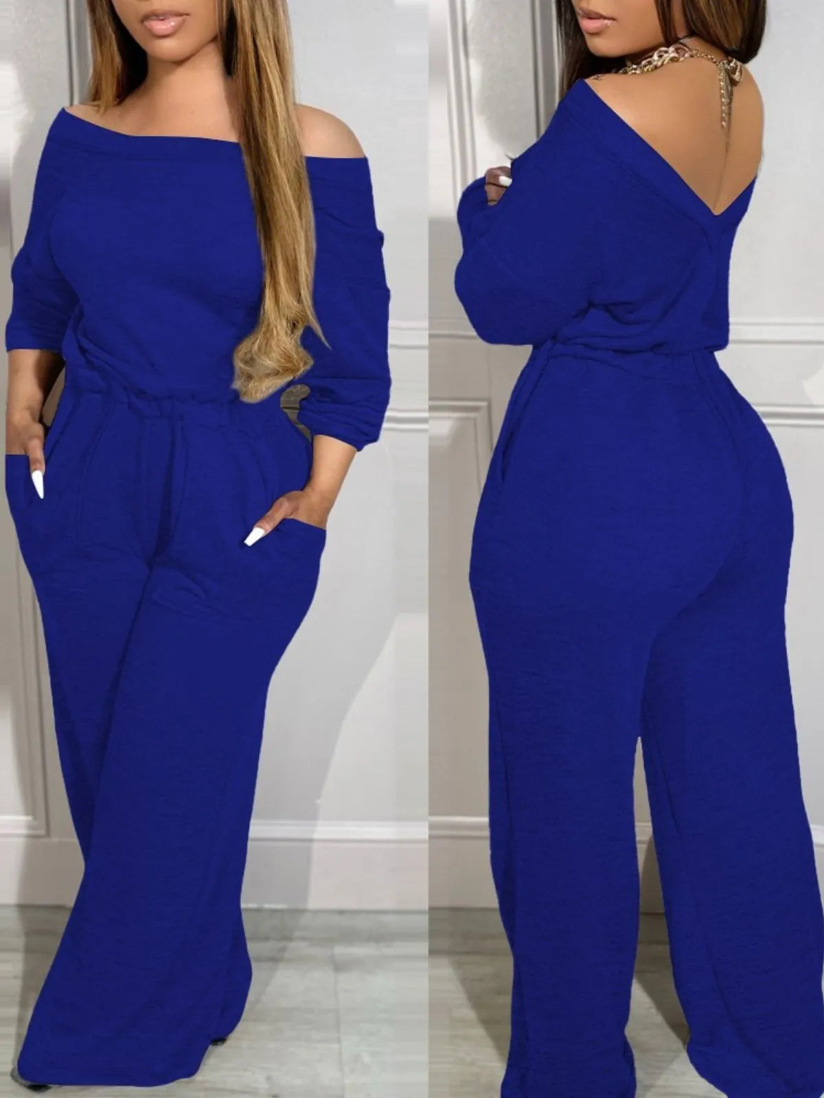 Comfortable Backless Collar Off Shoulder V-Back Stretchy Waist Pocket Design Jumpsuit
