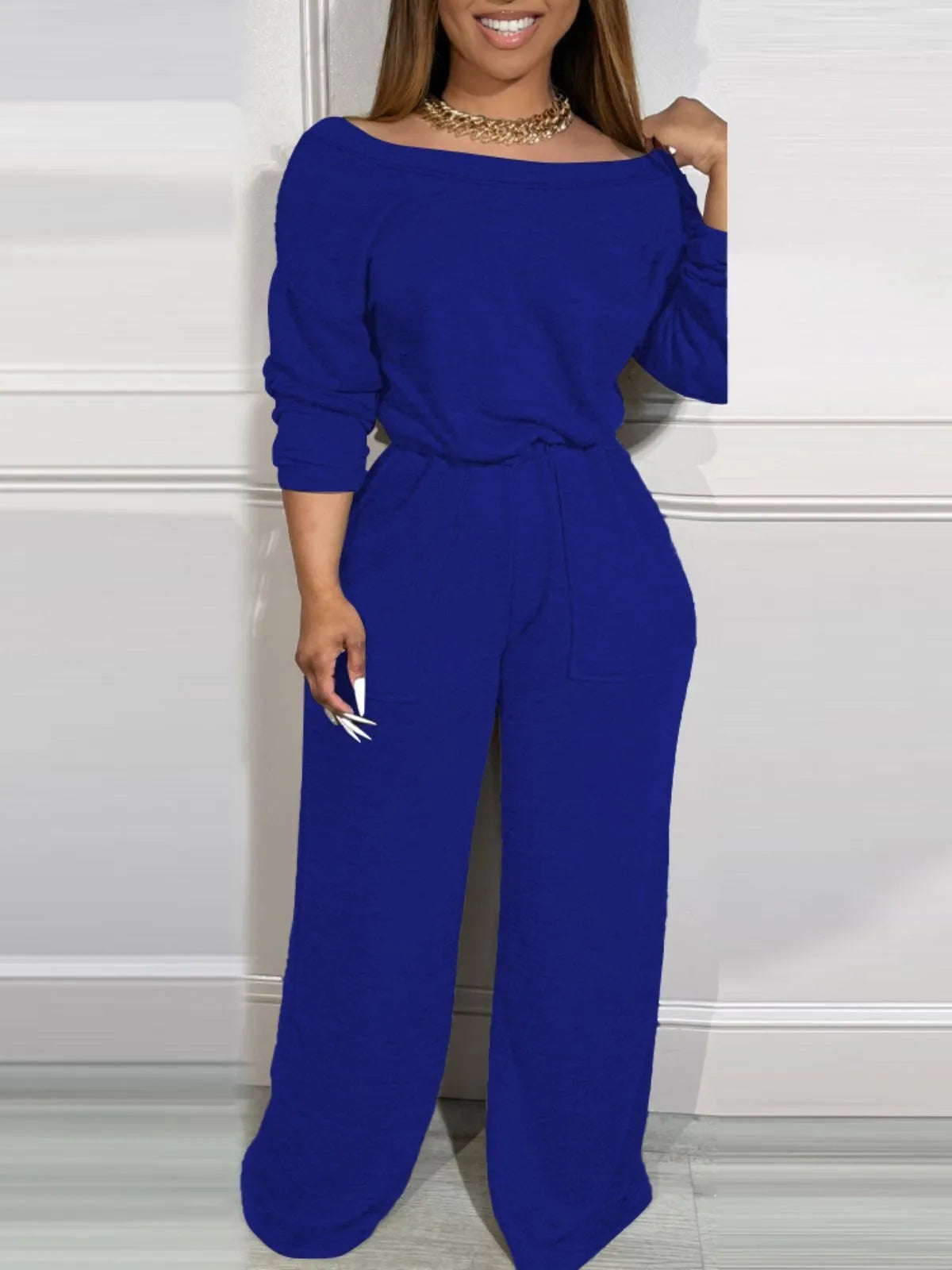Comfortable Backless Collar Off Shoulder V-Back Stretchy Waist Pocket Design Jumpsuit