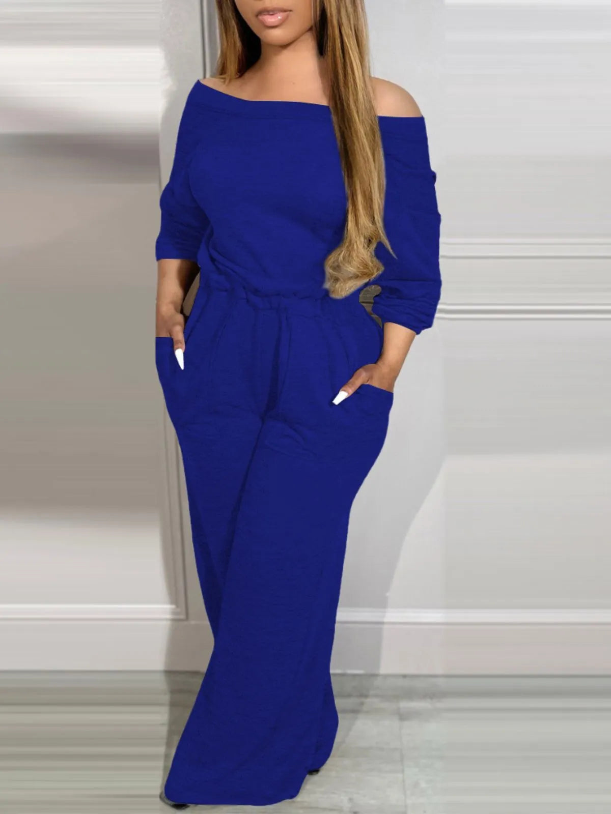 Comfortable Backless Collar Off Shoulder V-Back Stretchy Waist Pocket Design Jumpsuit