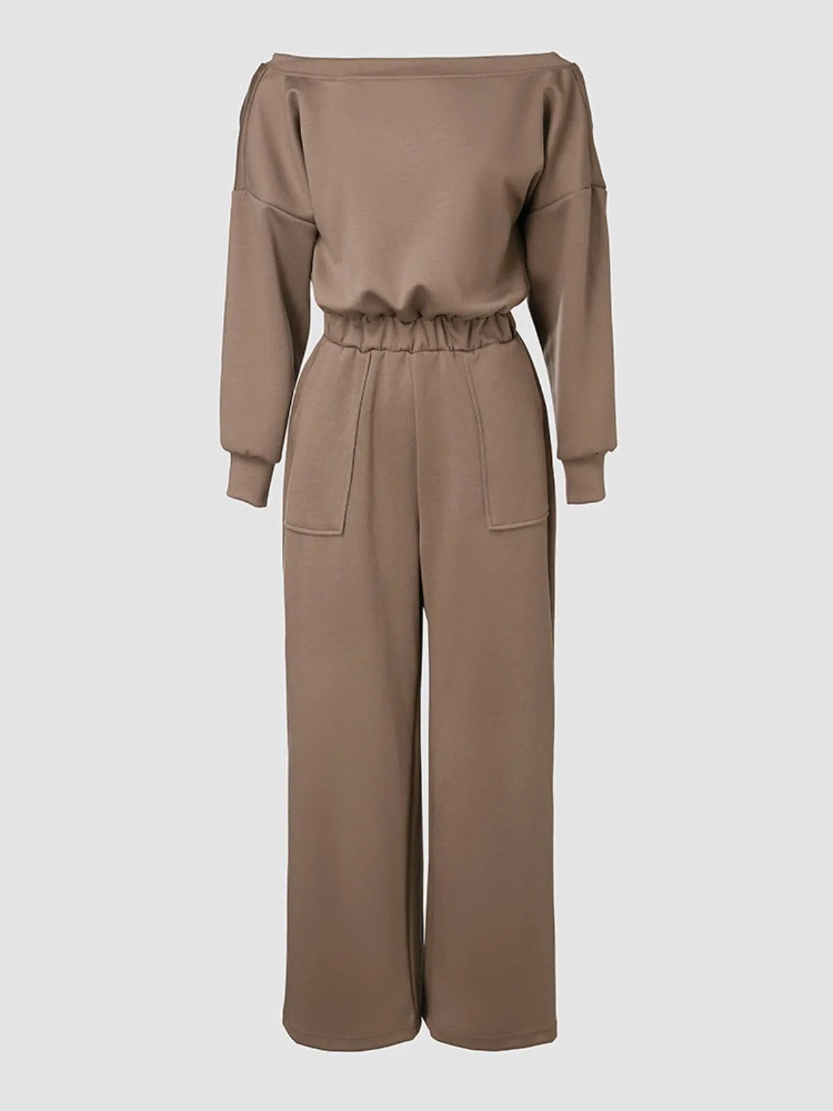 Comfortable Backless Collar Off Shoulder V-Back Stretchy Waist Pocket Design Jumpsuit