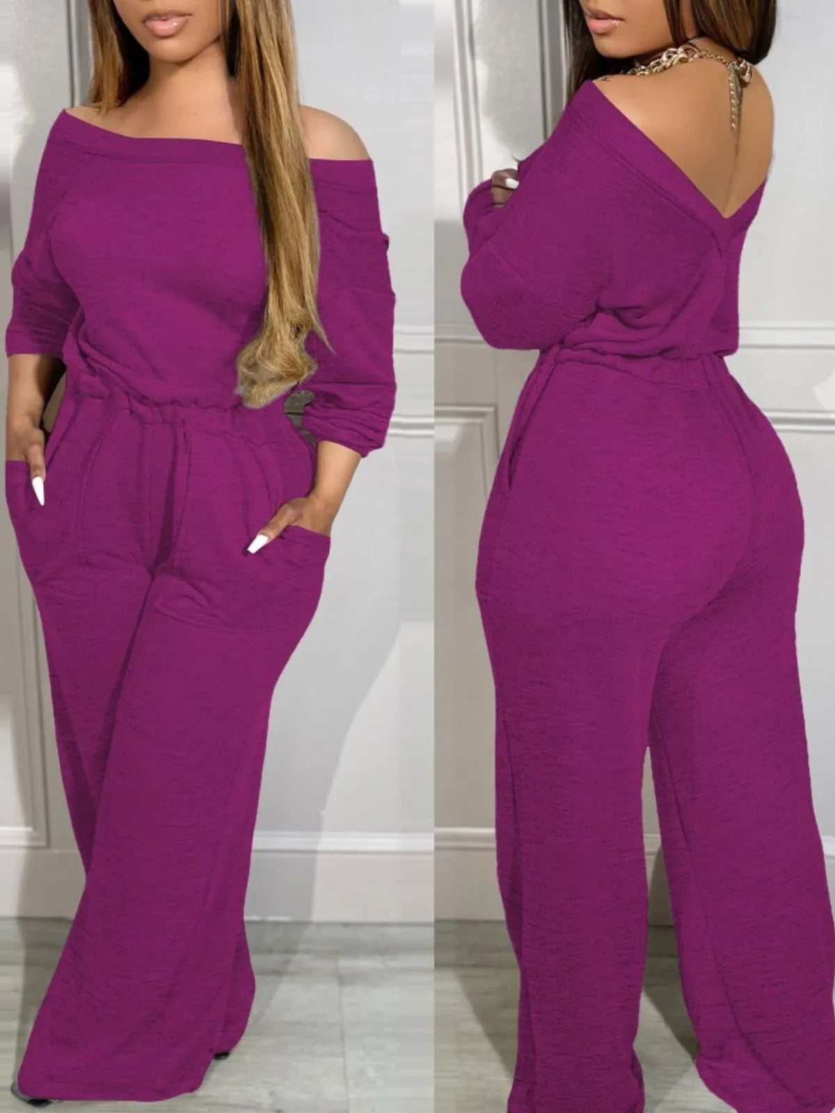 Comfortable Backless Collar Off Shoulder V-Back Stretchy Waist Pocket Design Jumpsuit