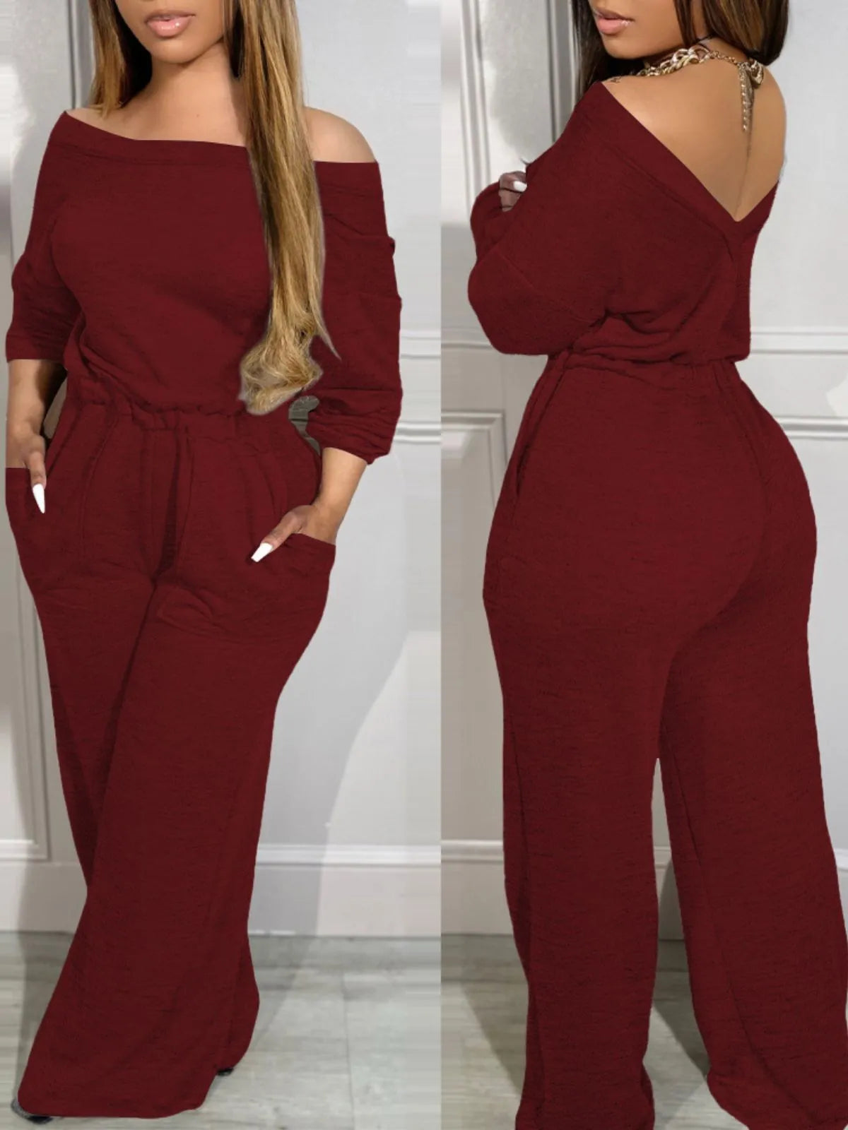 Comfortable Backless Collar Off Shoulder V-Back Stretchy Waist Pocket Design Jumpsuit