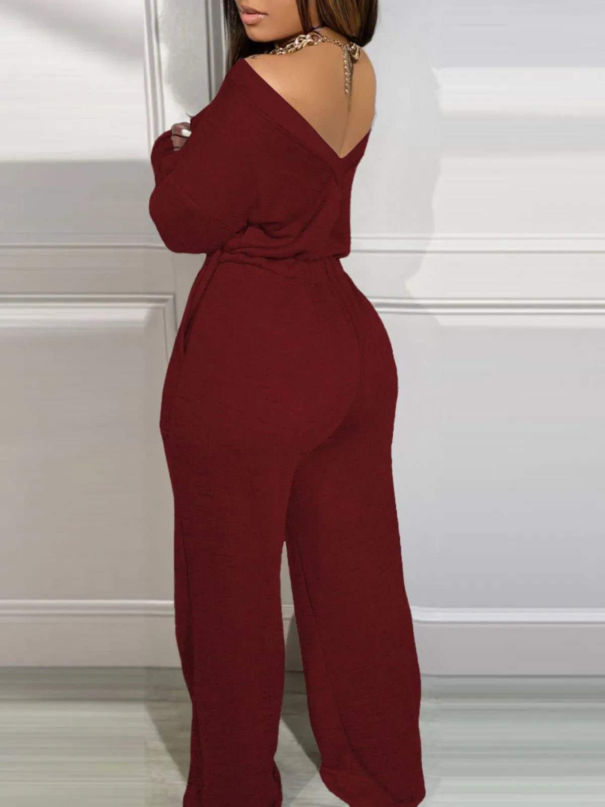 Comfortable Backless Collar Off Shoulder V-Back Stretchy Waist Pocket Design Jumpsuit