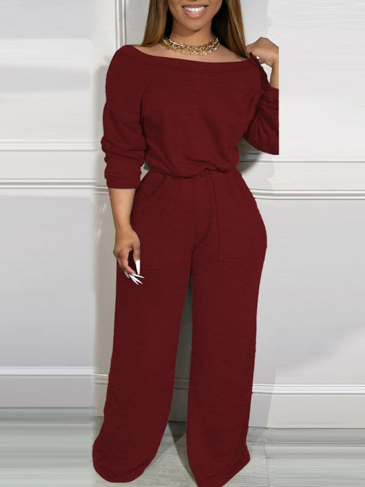 Comfortable Backless Collar Off Shoulder V-Back Stretchy Waist Pocket Design Jumpsuit