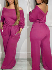 Comfortable Backless Collar Off Shoulder V-Back Stretchy Waist Pocket Design Jumpsuit