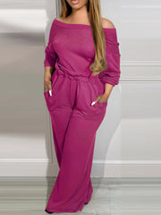 Comfortable Backless Collar Off Shoulder V-Back Stretchy Waist Pocket Design Jumpsuit