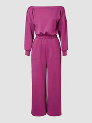Comfortable Backless Collar Off Shoulder V-Back Stretchy Waist Pocket Design Jumpsuit