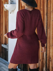 Solid Casual V-neck Honeycomb Lantern Long Sleeve A-line Sweater Dress Fall Dress
